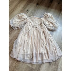 Anthropologie Mable Beige Swiss Dot Tulle Puff Sleeve Mini Dress Small Babydoll